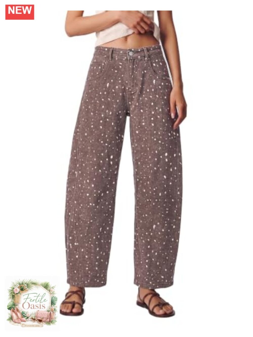 High Rise Deer Print Barrel Jeans Relaxed Tapered Leg Denim Pants